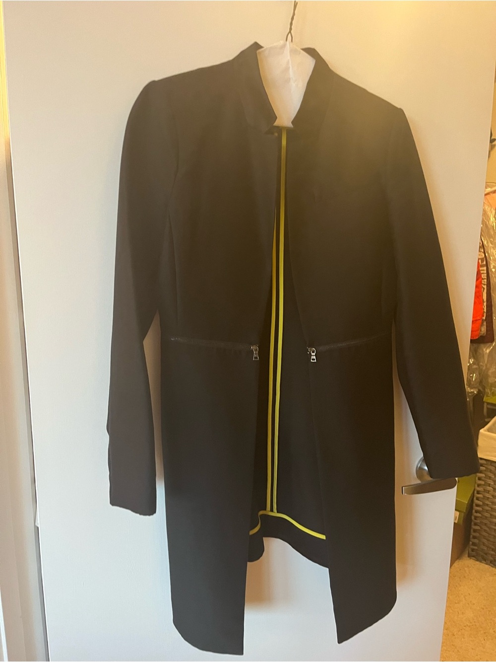 Women’s Black Longline Trench Coat with Yellow Trim